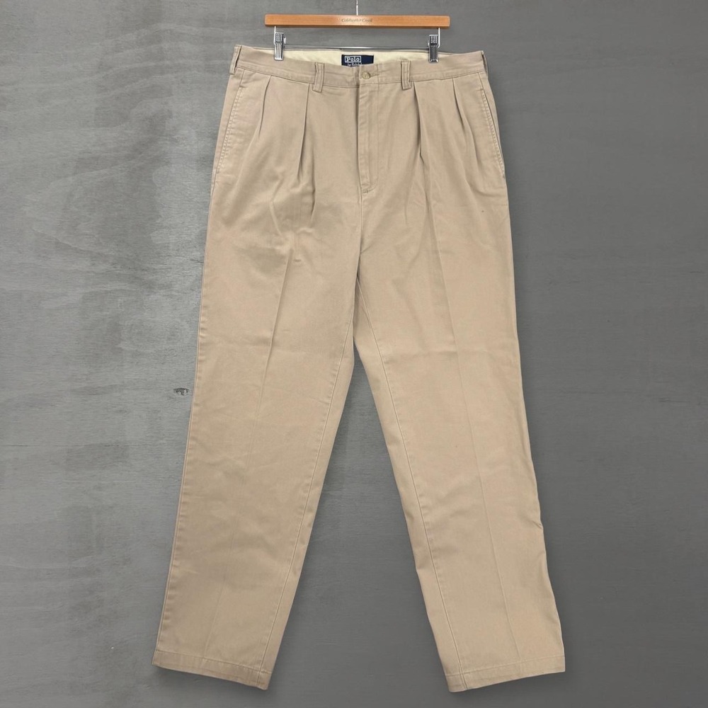 Vintage Polo Ralph Lauren USA Pleated Chinos Tan Cotton Twill Trousers 38 x 32
